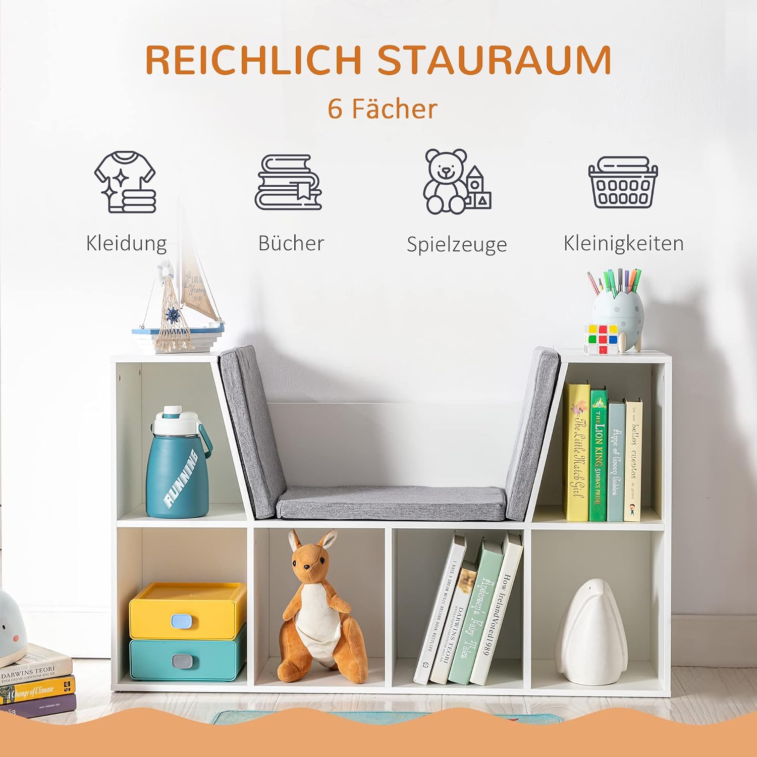 6 Cubby Bookcase with Reading Nook and Cushion, Multi Purpose Storage Organizer for Bedroom, Living Room, Pure White