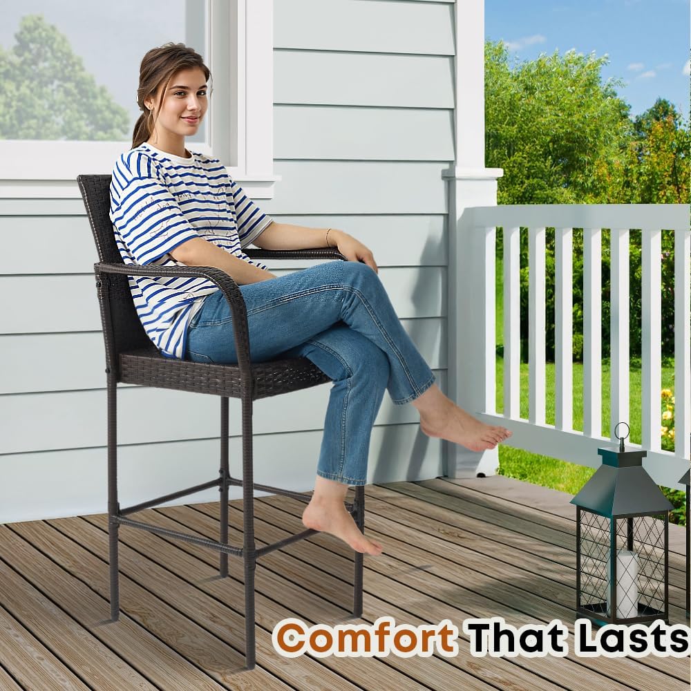 Outdoor Bar Stools Set of 2, Patio Bar Stools with Armrests, All Weather Wicker Rattan Bar Chairs with Backrest for Backyard, Garden, Pool, Balcony and Deck (Brown)