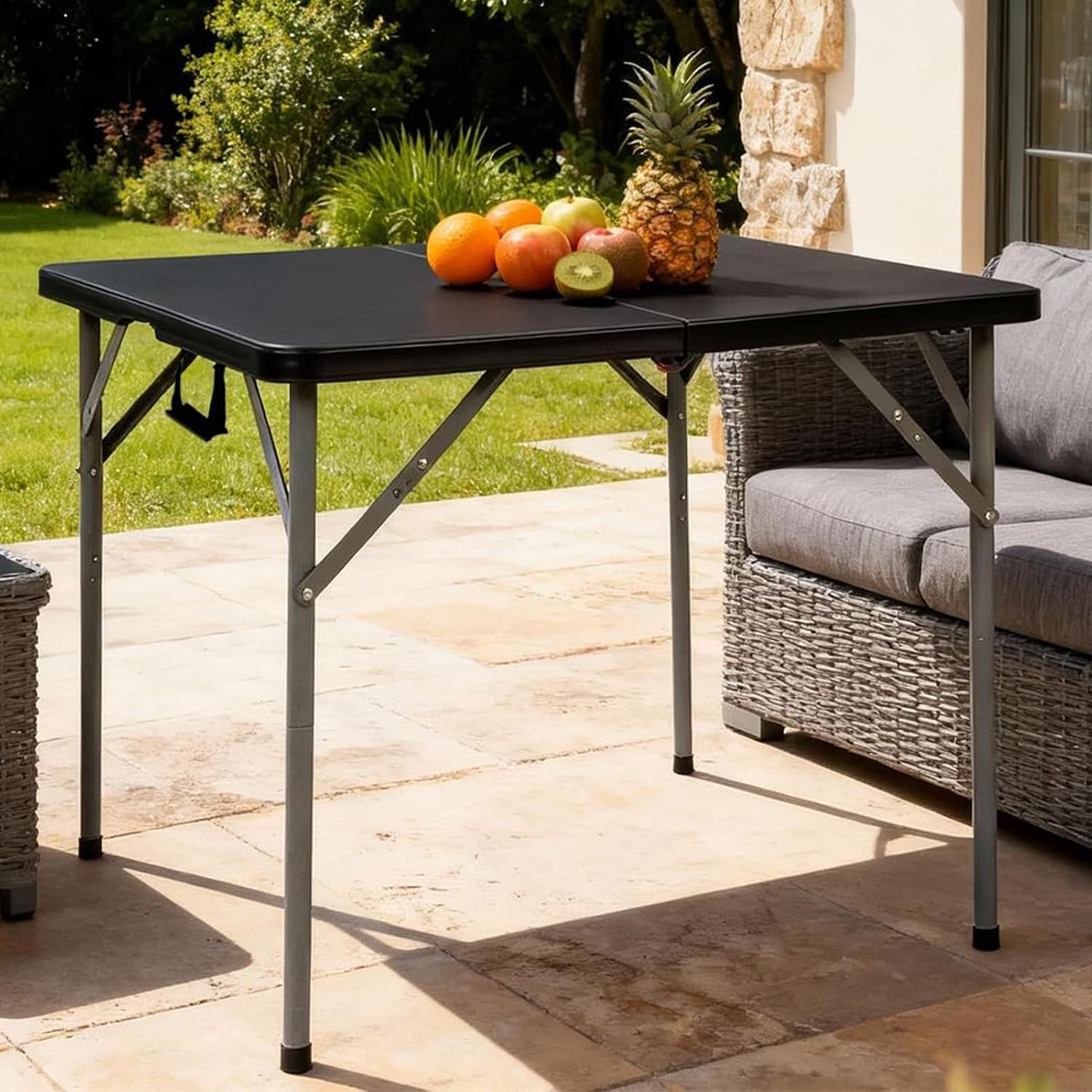 BLKMTY 34" Square Folding Card Table, Indoor Outdoor Portable Picnic Table Half Foldable Plastic Tables with Carrying Handle for Kitchen Camping Party BBQ Event, Black