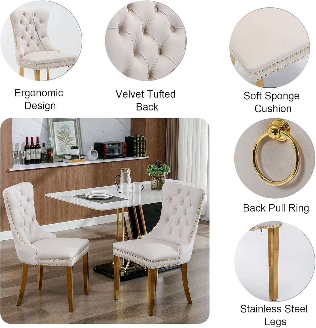 44.88" Round Dining Table Set, Luxury Diamond-Shape Dining Room Table with Faux Marble Top & 4 Beige Tufted Velvet Chairs, White&Gold Circle Kitchen Table and Chairs Set with Stainless Steel Base