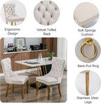 44.88" Round Dining Table Set, Luxury Diamond-Shape Dining Room Table with Faux Marble Top & 4 Beige Tufted Velvet Chairs, White&Gold Circle Kitchen Table and Chairs Set with Stainless Steel Base