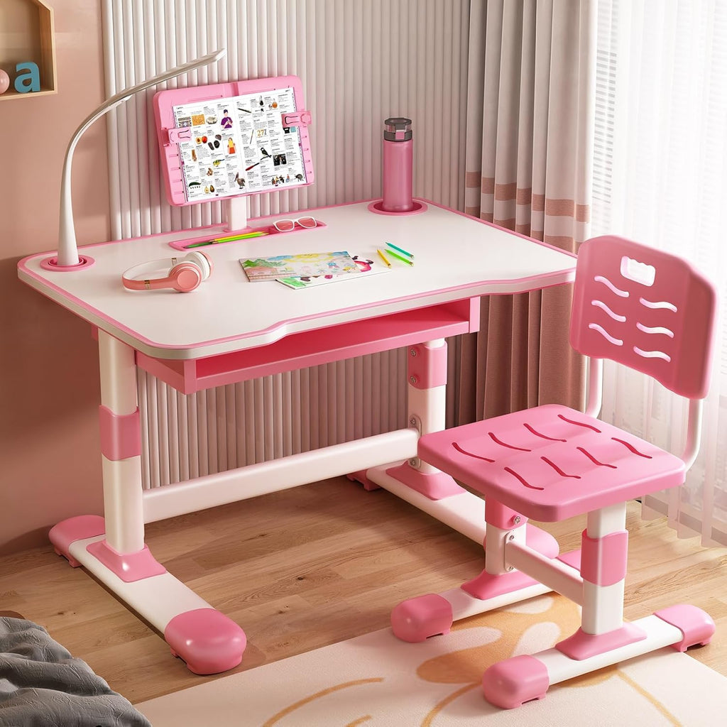 Table and Chair Set with Bookstand for Kids, Height-Adjustable Functional Desk and Chair Set, Study Table for Boys Girls, Children Study Desk, School Study Table for Writing Reading Pink