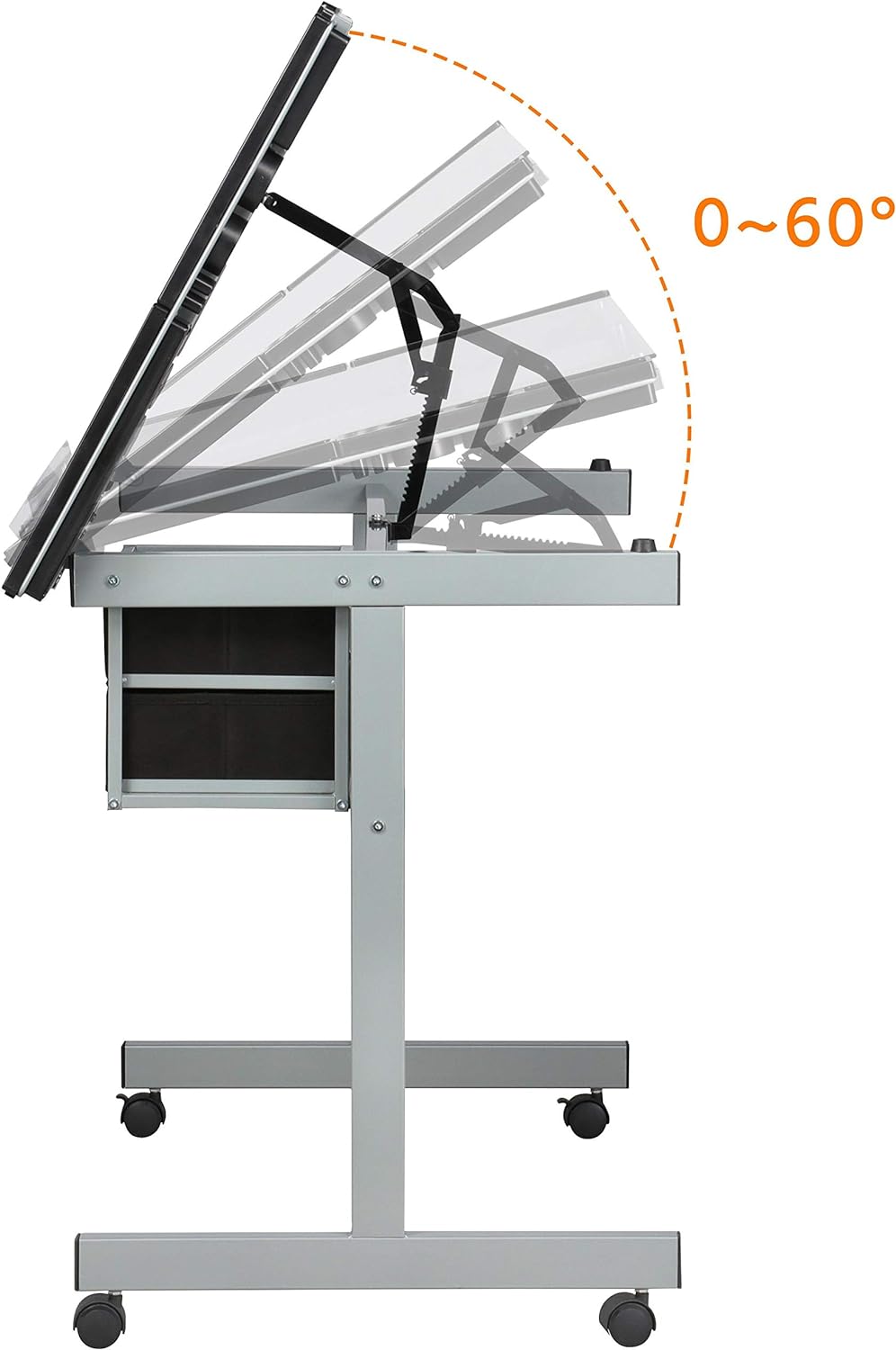 Yaheetech Drawing Desk Adjustable Glass Drafting Study Table for Diamond/Versatile Art Craft Station w/ 2 Slide Rolling Wheels and Drawers for Artist Painters Home Office