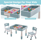 DOREROOM 4 in 1 Kids Table and 2 Chairs Set with Storage, Toddler Table and Chair Set for Kids Ages 3-10, Graffiti & Building Blocks Double-Sided Tabletop (Grayish Blue, 2 Chairs)