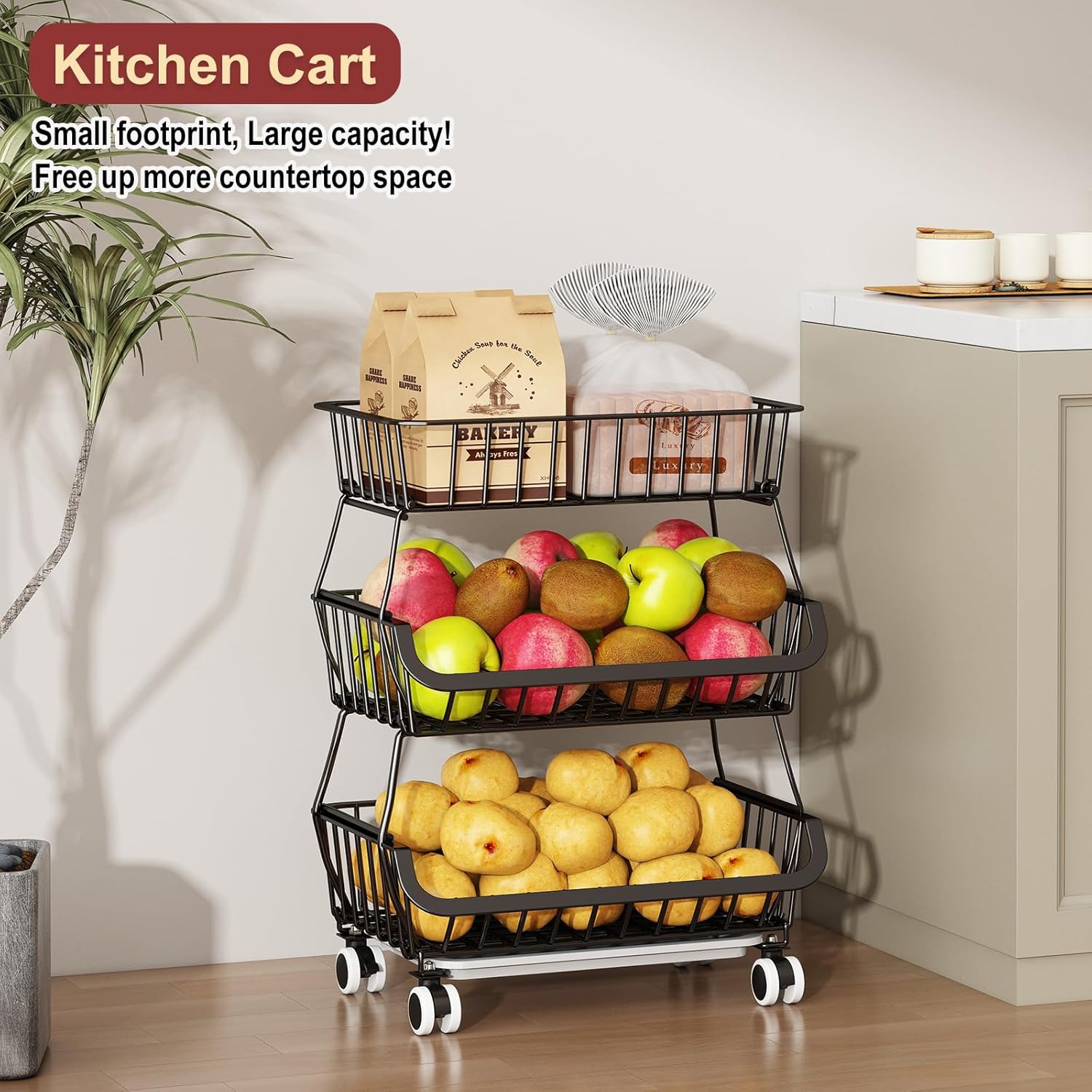 3-Tier Rolling Pantry Cart with Wheels, Stackable Wire Storage Floor Organizer for Kitchen Pantry Snack Shelves, Fruit Basket Stand, Vegetable Storage Rack for Food Snacks Onion Potato