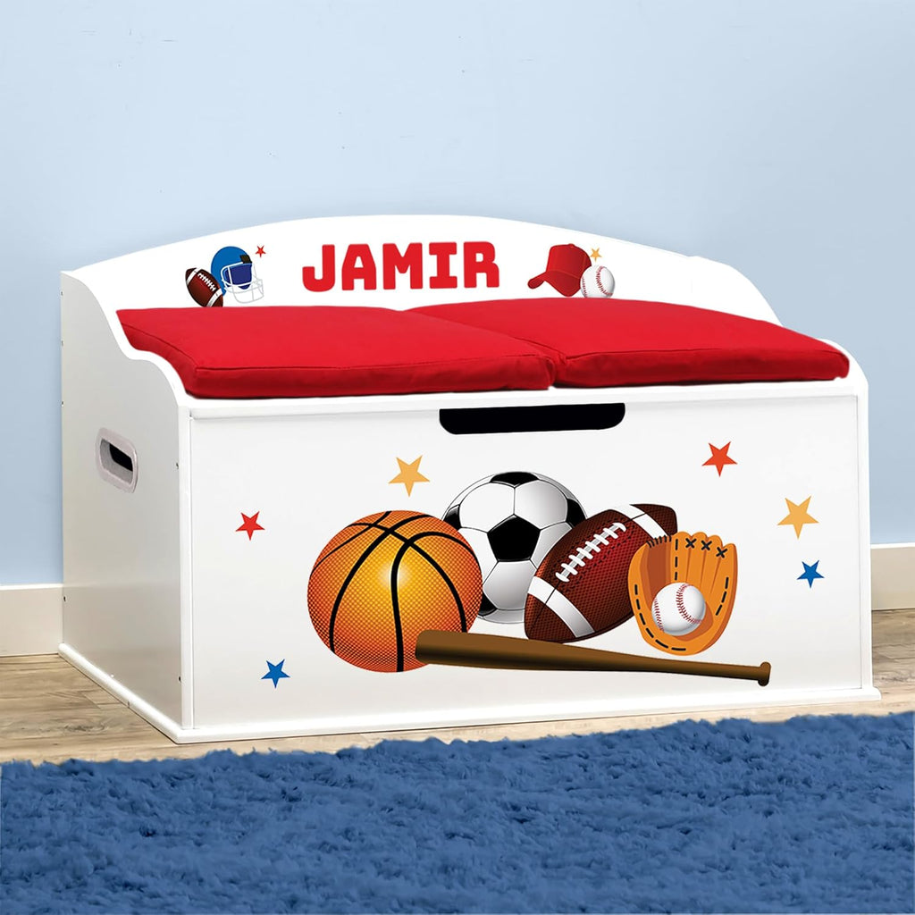 DIBSIES Personalized Creative Wonders Toy Box, Sports, 30 x 19.25 x 18 inches, Soft-Close Lid (White)