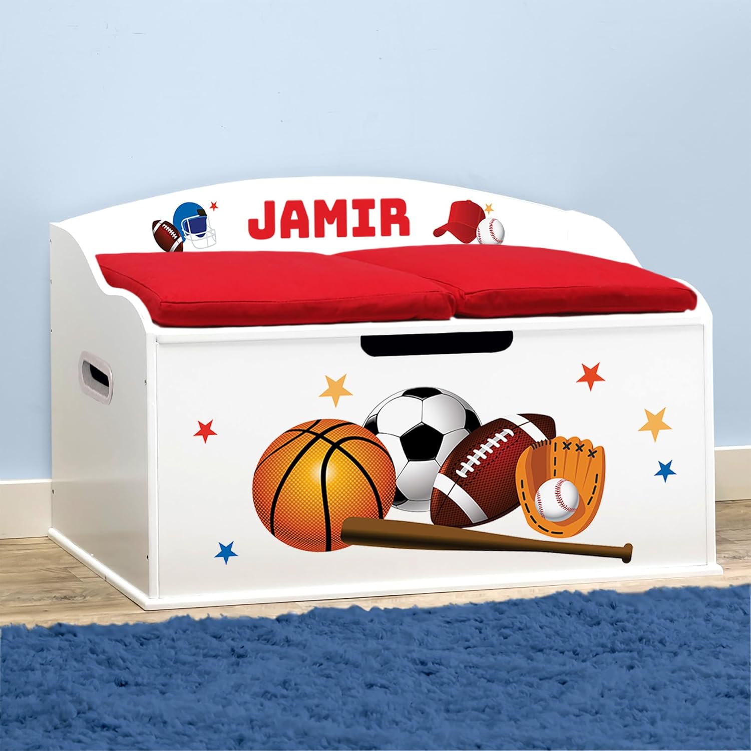 DIBSIES Personalized Creative Wonders Toy Box, Sports, 30 x 19.25 x 18 inches, Soft-Close Lid (White)