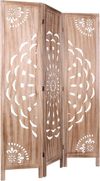 Boho Wood Carved Room Divider 3 Panel 67 Inch, Free Standing Privacy Screen with Anti-Slip Feet, Foldable Partition for Bedroom, Home Office, Headboard and Yoga Backdrop, Brown