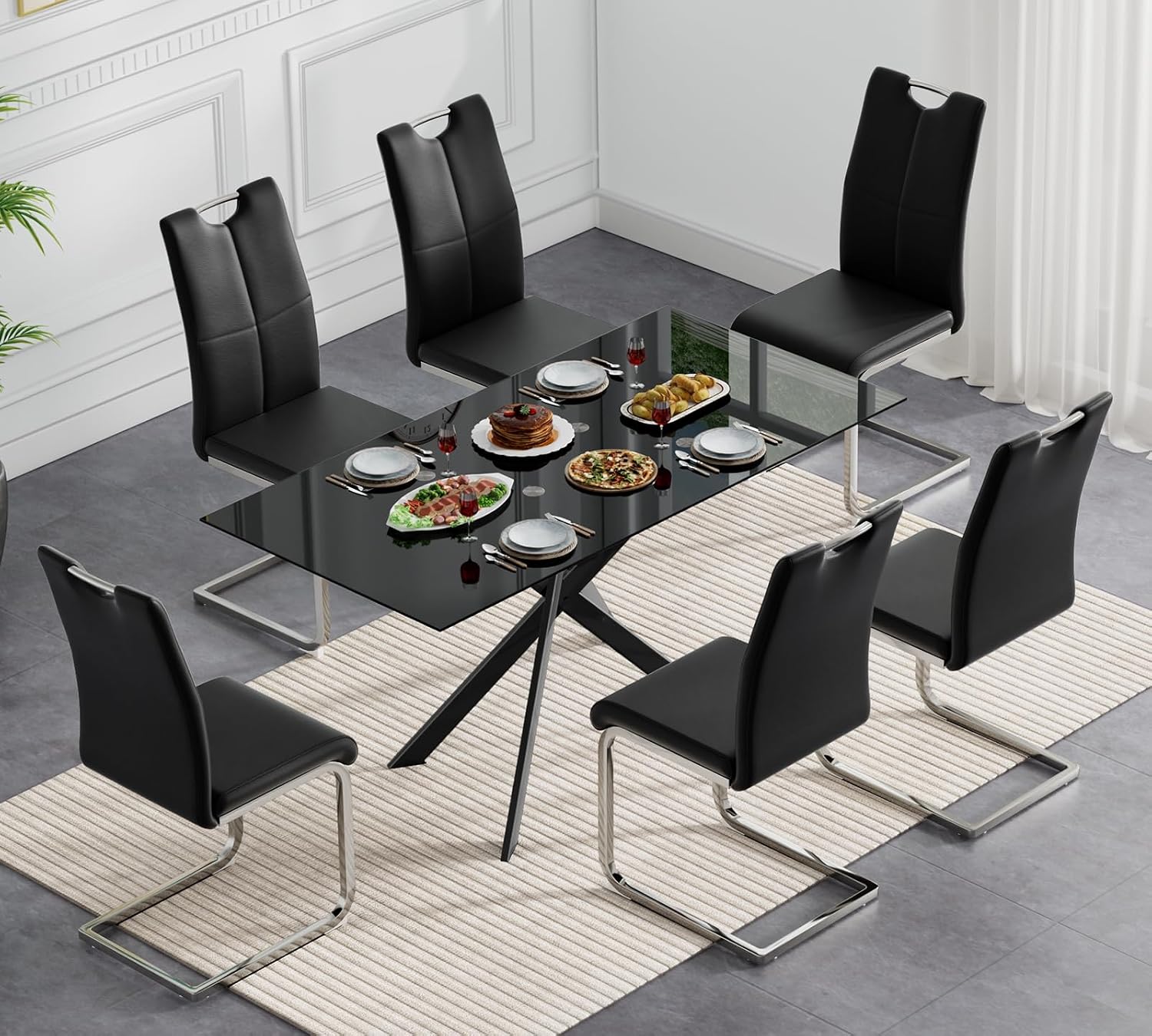 Modern Black Glass Dining Table Set for 6, Glass Kitchen Table and Chairs Set of 6, 7 Piece Dining Table Set with 51" Rectangle Dinner Tables and 6 PU Leather Dining Chairs