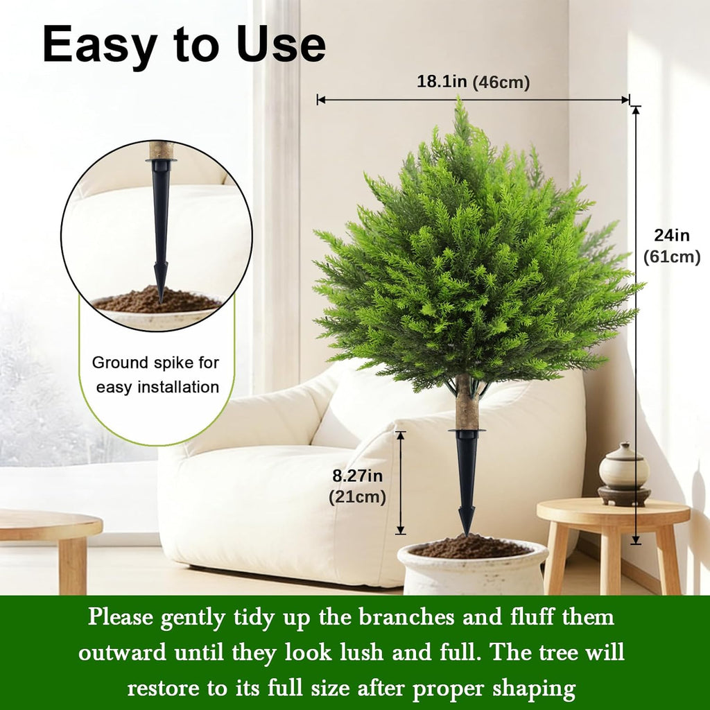 2 Set Artificial Cedar Topiary Ball Trees with Spike, 24" UV Resistant Fake Evergreen Shrubs Plants for Outdoor, Faux Cypress Bushes for Indoor Front Porch Garden
