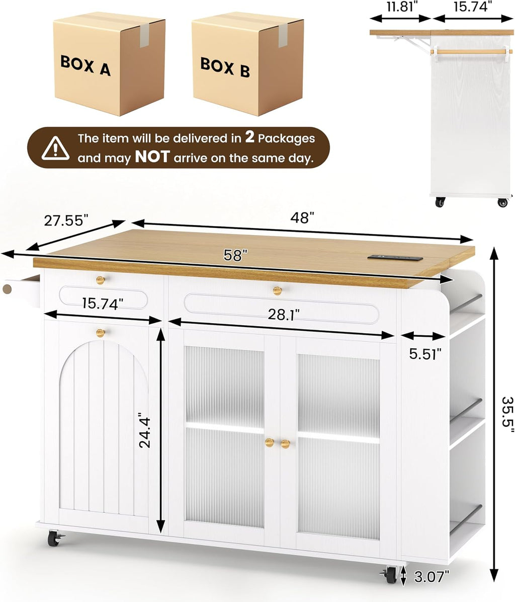 COCO DESIGN 58" Rolling Kitchen Island with Power Outlet, LED Light, Drop Leaf & Storage, Mobile Kitchen Cart with Trash Cabinet, Spice Rack & Towel Rack, White