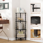 IBUYKE 4-Tier Corner Shelf,Stylish Corner Bookshelf for Small Spaces,Industrial Corner Storage Display Shelves,Small Corner Table for Bedroom,Bathroom,Kitchen, Black WBC019B