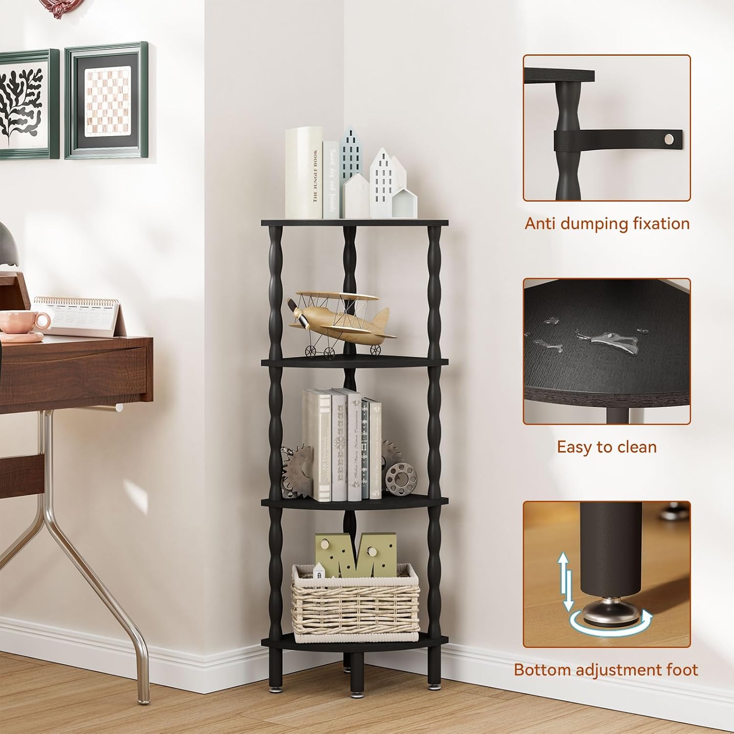 IBUYKE 4-Tier Corner Shelf,Stylish Corner Bookshelf for Small Spaces,Industrial Corner Storage Display Shelves,Small Corner Table for Bedroom,Bathroom,Kitchen, Black WBC019B