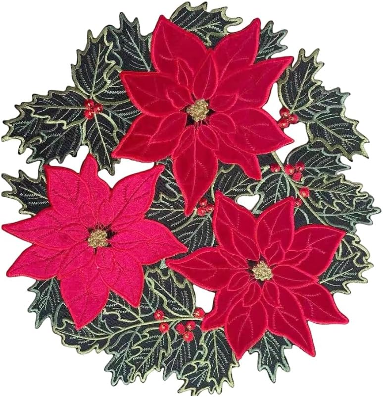 GRANDDECO Christmas Holiday Poinsettia Placemats Set of 4 for Farmhouse Parties Embroidered Christmas Flower Dresser Scarves Xmas Home Kitchen Dinner Table (14" Placemats Set of 4, Christmas Flower)