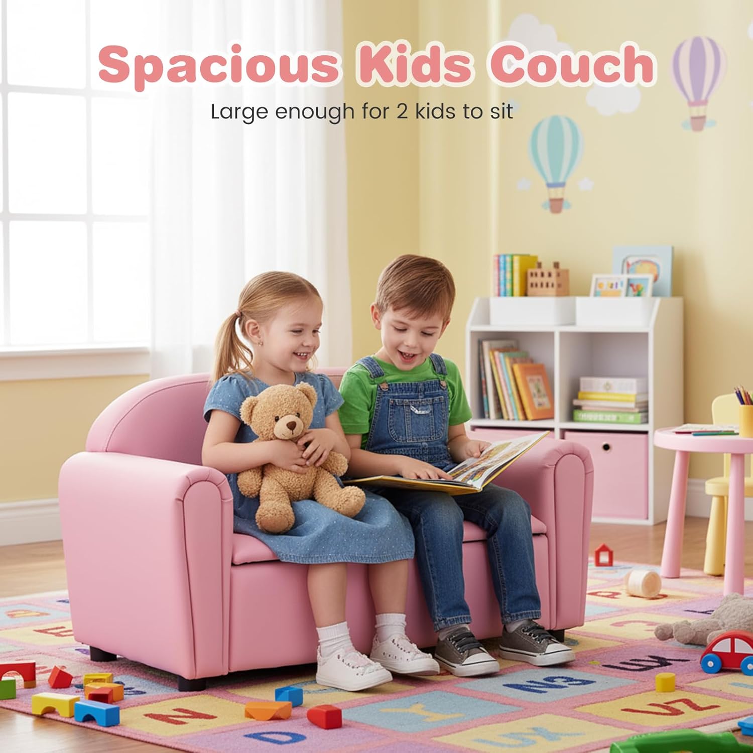 Costzon Kids Couch, 2 in 1 Double Seat Children's Sofa w/Under Seat Storage, PU Leather Surface, Toddler Armrest Chair, Kids Room, Soft Children Pink Sofa with Storage for Preschool Baby Girls Gifts