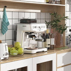 74.8" H Kitchen Pantry with Hutch, Microwave Stand & Hooks, Modern Large Cupboard Storage Cabinet with Glass Doors, 6 Shelves & 4 Drawers for Kitchen Dining Room, White & Brown