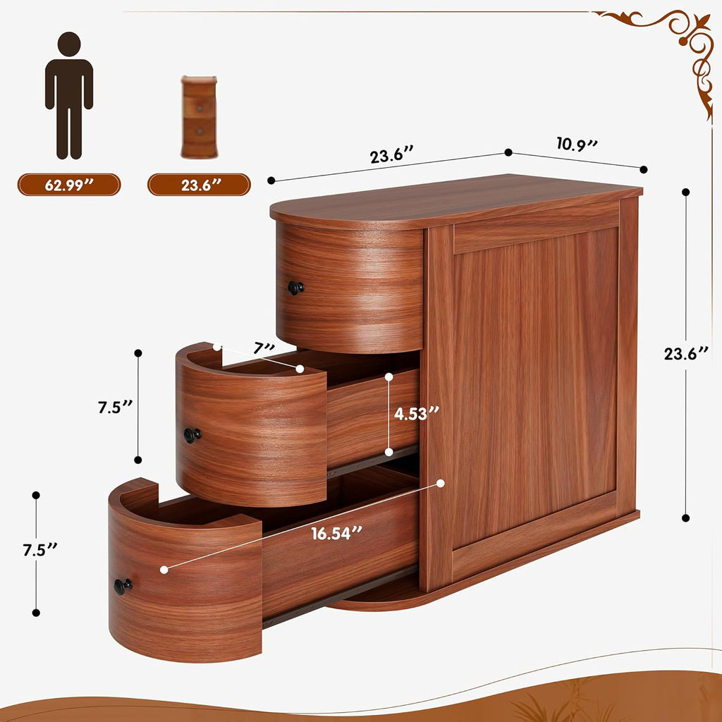Vongrasig Narrow Nightstand with 3 Drawers, Wood Small Side Table for Bed or Sofa, Vintage Slim Night Stand for Living Room/Bedroom, Walnut