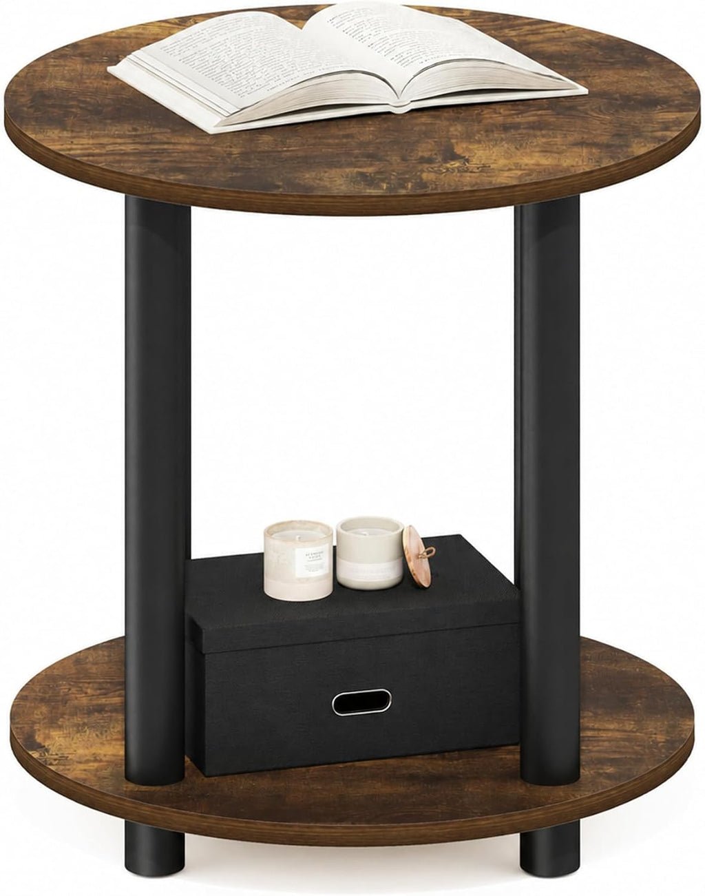 Furinno Turn-N-Tube Toolless Assembly Side Table, 2-Tier Rustic Brown Round End Table with Open Shelf, Night Stand, Bedside Table, for Living Room, Bedroom, Amber Oak