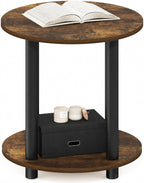 Furinno Turn-N-Tube Toolless Assembly Side Table, 2-Tier Rustic Brown Round End Table with Open Shelf, Night Stand, Bedside Table, for Living Room, Bedroom, Amber Oak