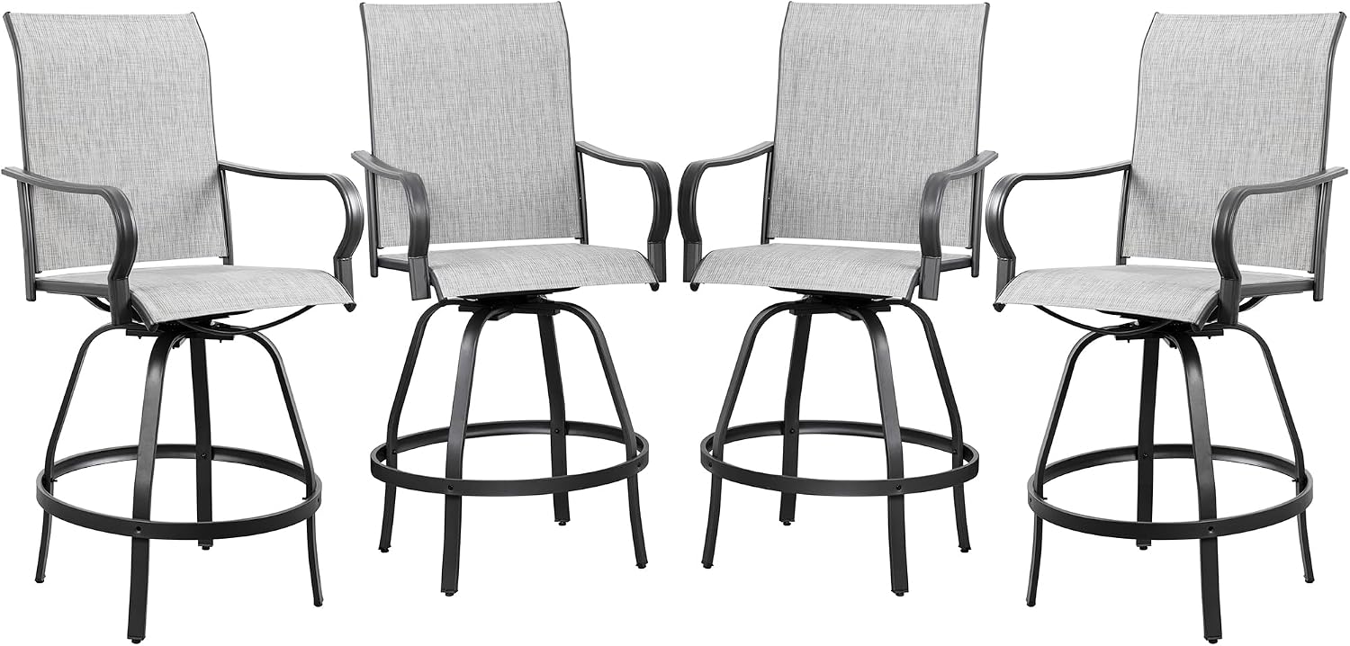 Shintenchi 4 Piece Patio Swivel Bar Chairs, All Weather Textile Outdoor Metal Bar Stools Patio Chairs Set of 4 with High Back, High Top Bistro Set Furniture for Balcony,Backyard,Garden,Deck,Light Grey