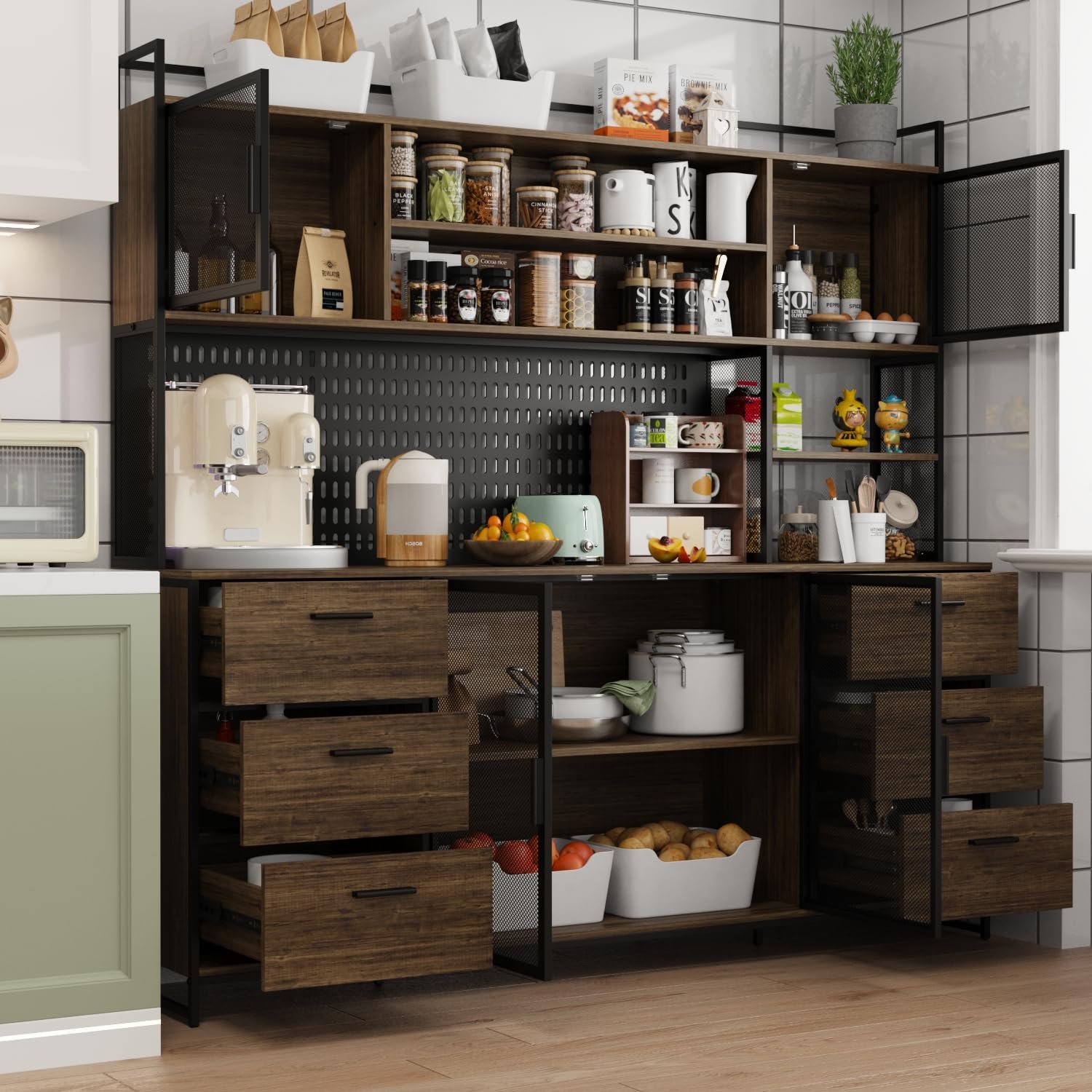 ECACAD 70.9" L Sideboard Buffet Storage Cabinet with Hutch, Pegboard, 4 Metal Mesh Doors, 6 Drawers & Shelves, Kitchen Pantry Cupboard for Living Room, Dining Room, Black & Rustic Brown
