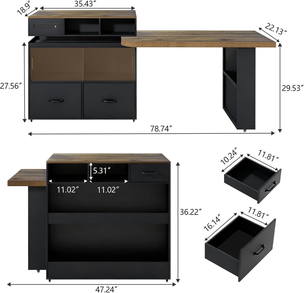 kitchen island with extendable table & 360° Swivel Tabletop, Rolling Kitchen Island Cart with Storage & Seating 4, Mobile Kitchen Island Table with Cabinet, Drawers & Shelves, Black Brown Wood