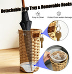 Rattan Umbrella Stand with Drip Tray - Hand Woven Freestanding Entryway Umbrella Holder, Small Rattan Rack Organizer with 4 Hooks for Folding Umbrellas & Canes, 7.5" L x 7.5" W x 16.5" H
