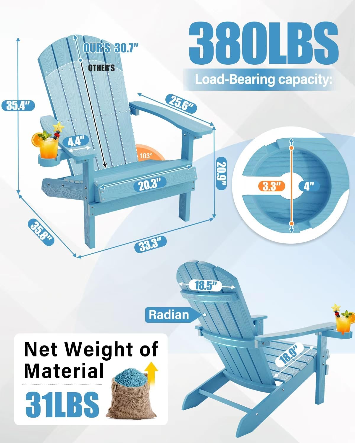 YEFU Adirondack Chair Weather Resistant: Outdoor Chair HIPS Plastic Adirondack Chairs - Patio Chairs with Cup Holder & Wood Texture - Lawn Fire Pit Deck Porch Garden Chairs for Adults (Blue)