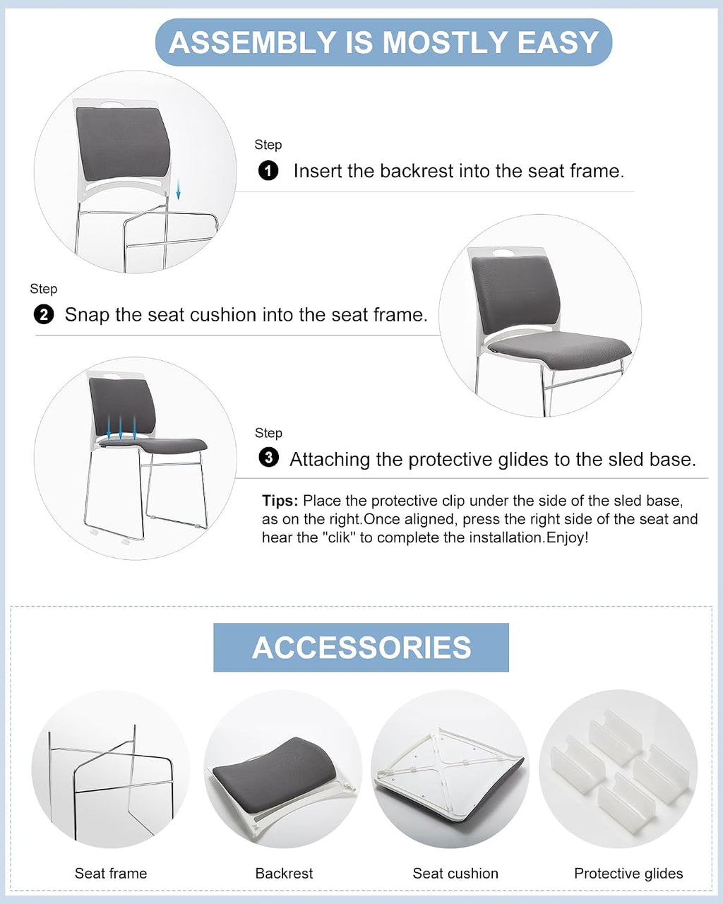 4 Pack Stacking Chairs 1102LB Capacity Home Office Guest Chair Set With Sled Base, Modern Reception Chair for Kitchen, Waiting Room, Multi-Purpose, Break Room, Training, Cafeteria, Gray Color