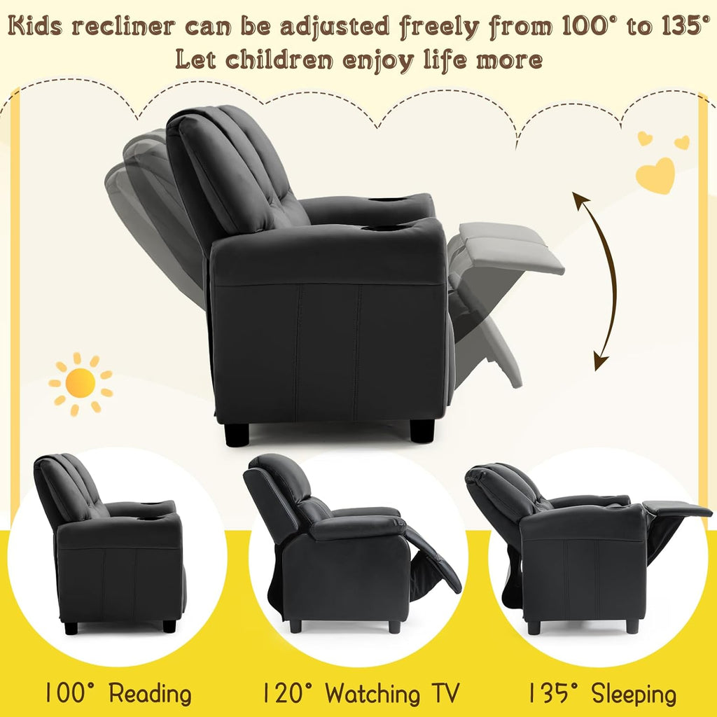 AVAWING Kids Recliner Chair, Double PU Leather Kids Loveseat w/Cup Holder, Lounge Sofa Chair w/Adjustable Footrest & Headrest for Boys Girls 3+ Age Group, Black