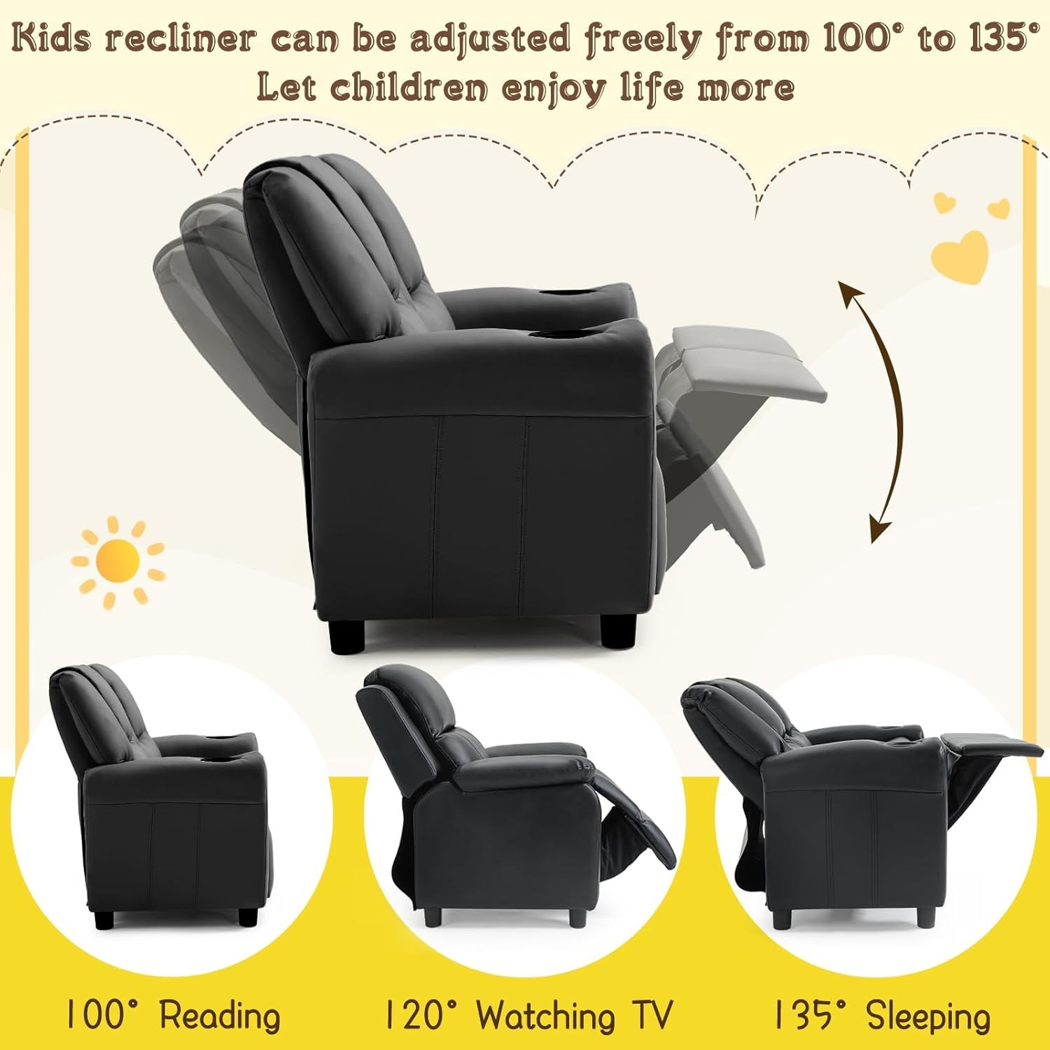 AVAWING Kids Recliner Chair, Double PU Leather Kids Loveseat w/Cup Holder, Lounge Sofa Chair w/Adjustable Footrest & Headrest for Boys Girls 3+ Age Group, Black