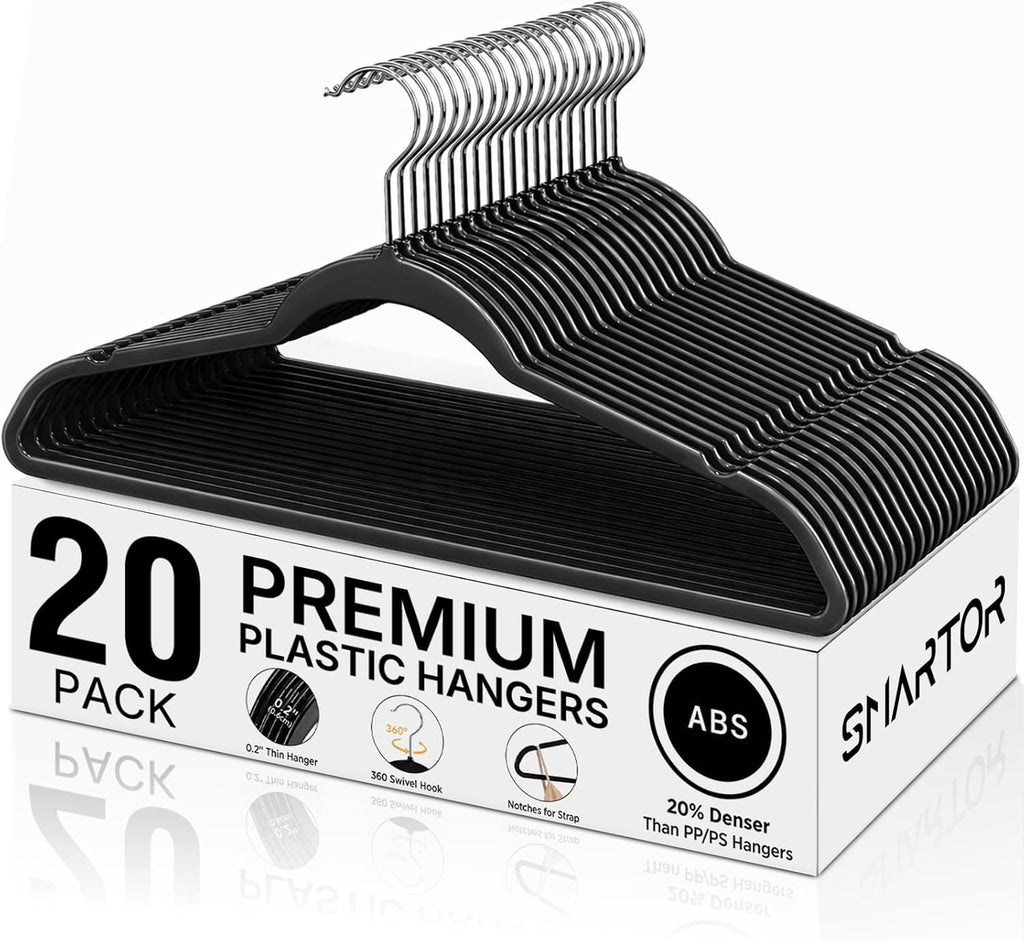 SMARTOR Plastic Hangers 20 Pack - Thin and Slim Design for Space Saving Organizer - Heavy Duty Durable Closet Organizers and Storage with 360 Swivel Hooks, Non Slip Notches for Straps - Black