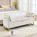 48" End of Bed Bench, Modern Storage Benches with Button-Tufted, Velvet Upholstered Storage Ottoman Bench for Foot of Bed with Arms, Gold Legs Window and Entryway, Beige