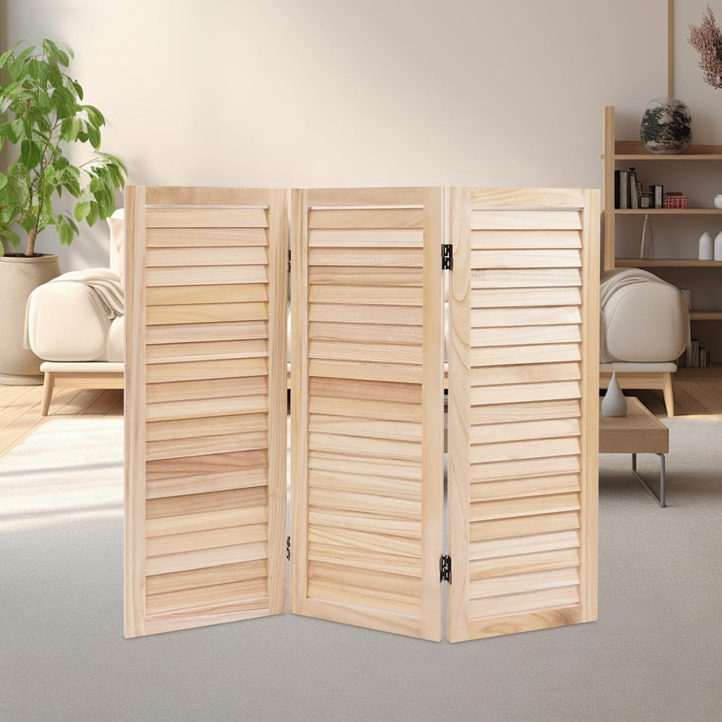 3 Panel 35 * 32in Short Room Divider Screen, 2.7 Ft Paulownia Wood Folding Privacy Screen Freestanding Shutter Divider for Home Office Indoor Decor(Wood Color