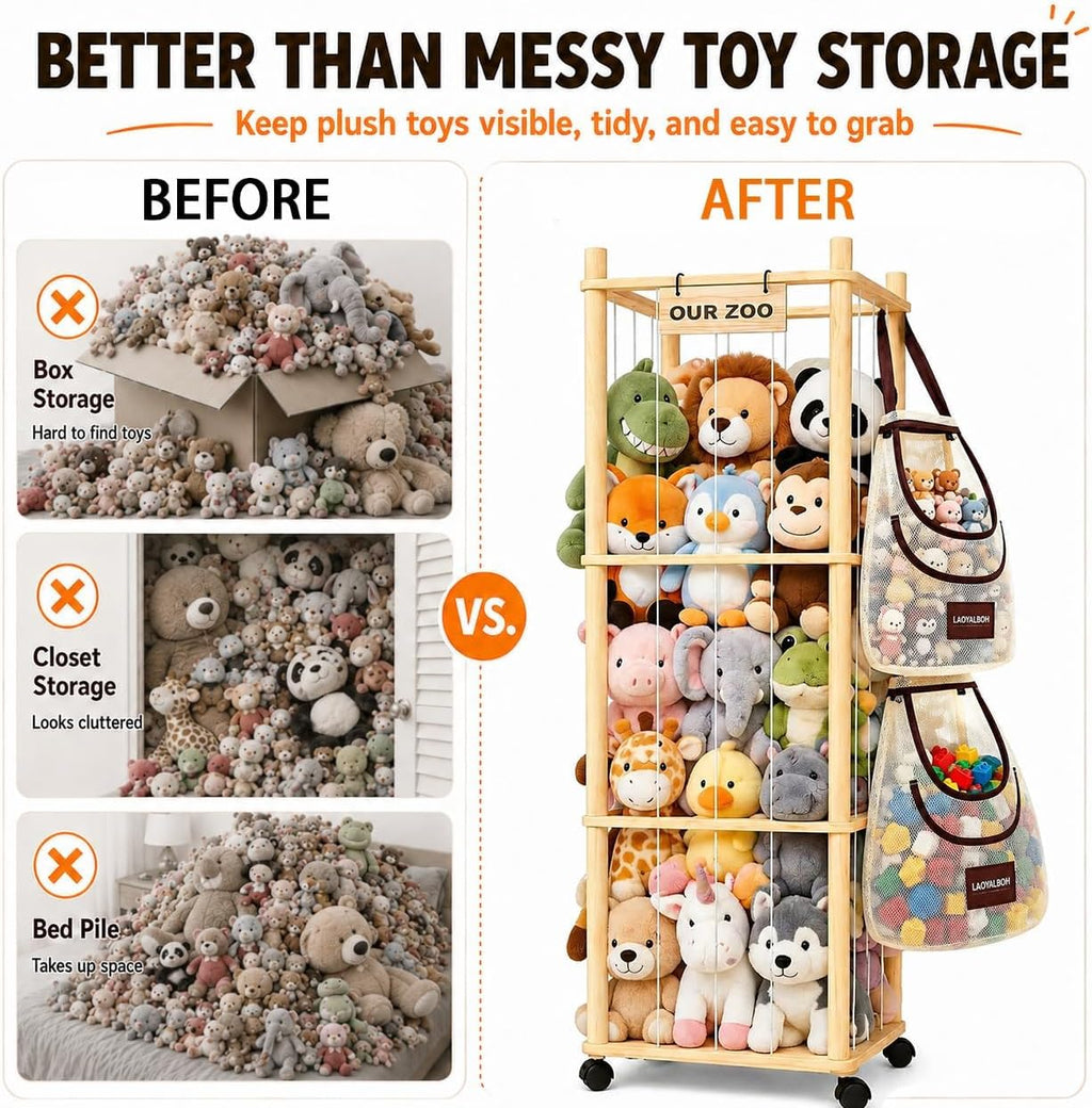Stuffed Animal Storage & Organizer, Wooden Cute Zoo | 2 Removable Hanging Storage Net, Toy Holder, For Toddler Rooms, Playrooms & Bedrooms