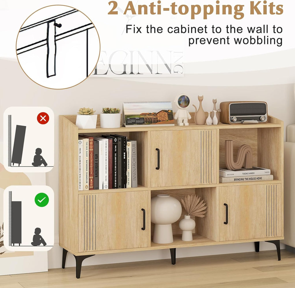 Giantex Storage Cabinet, Sideboard with 3 Doors, 3 Open Compartments, Bookcase with 5 Raised Metal Legs, Buffet Table, Bookshelf, Floor Cabinet for Living Room Display, Dining Room, Entryway, Oak
