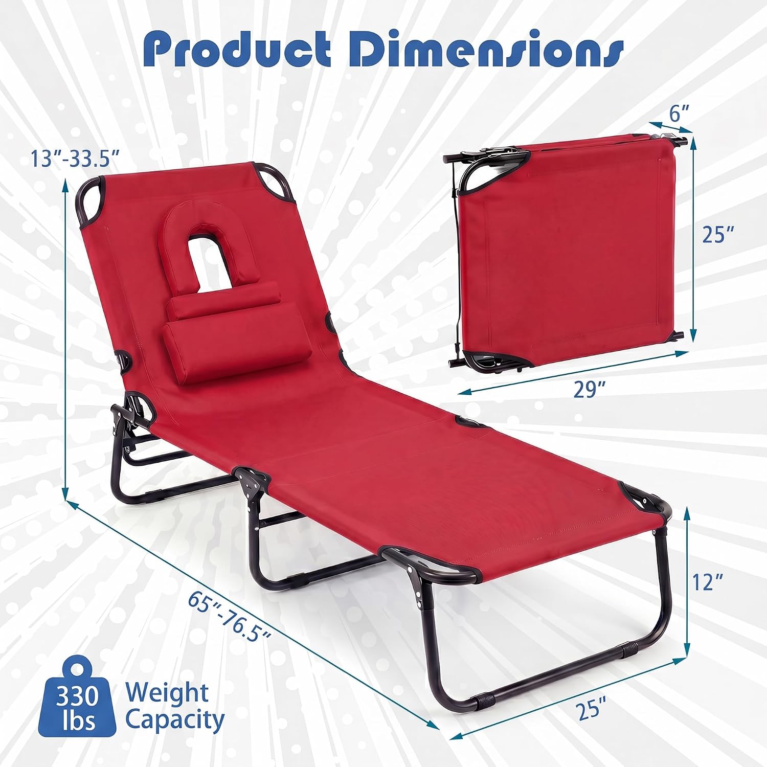 Goplus Tanning Chair, Folding Beach Lounge Chair with Face Hole, Removable Pillow, Carry Strap, Position Adjustable, Sunbathing Chair, Portable Outside Lounge Chair for Patio Pool (1, Red)