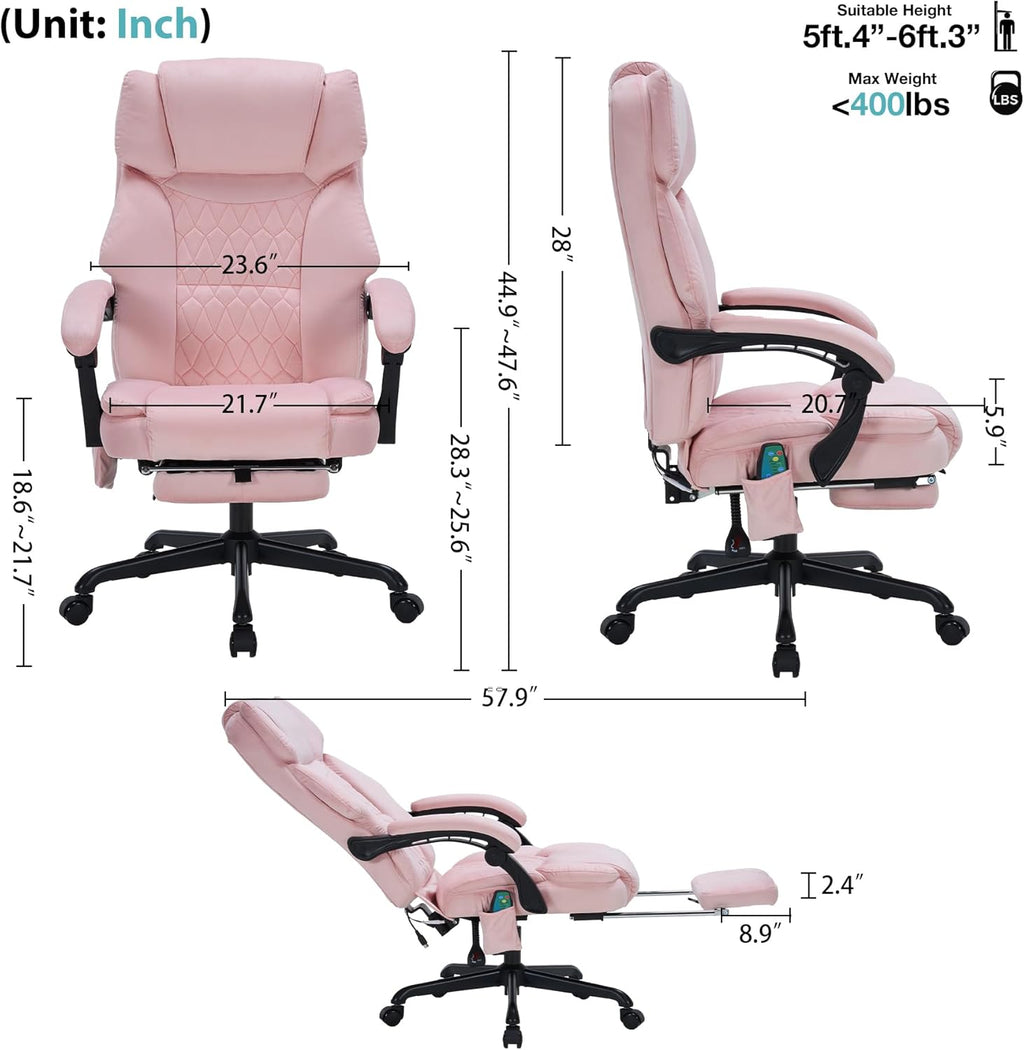 Massage Office Chair with Foot Rest 6 Points Vibration and Heat Home Office Desk Chairs for Heavy People 400lbs Reclining Managerial Chairs Ergonomic Executive Chair (Pink)