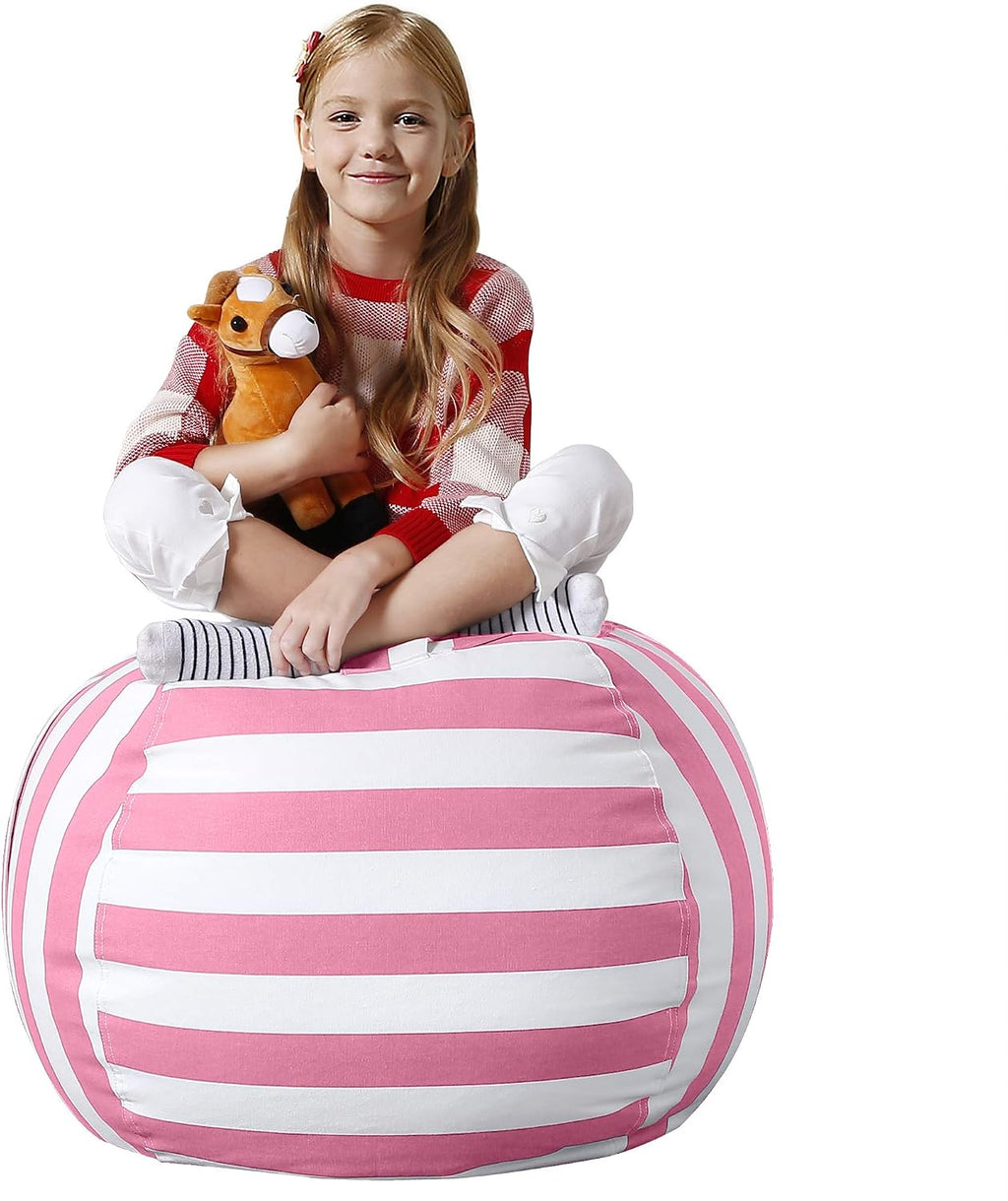 Aubliss Stuffed Animal Bean Bag Storage Chair, Beanbag Covers Only for Organizing Plush Toys, Turns into Bean Bag Seat for Kids When Filled, Medium 32"-Canvas Stripes Pink/White