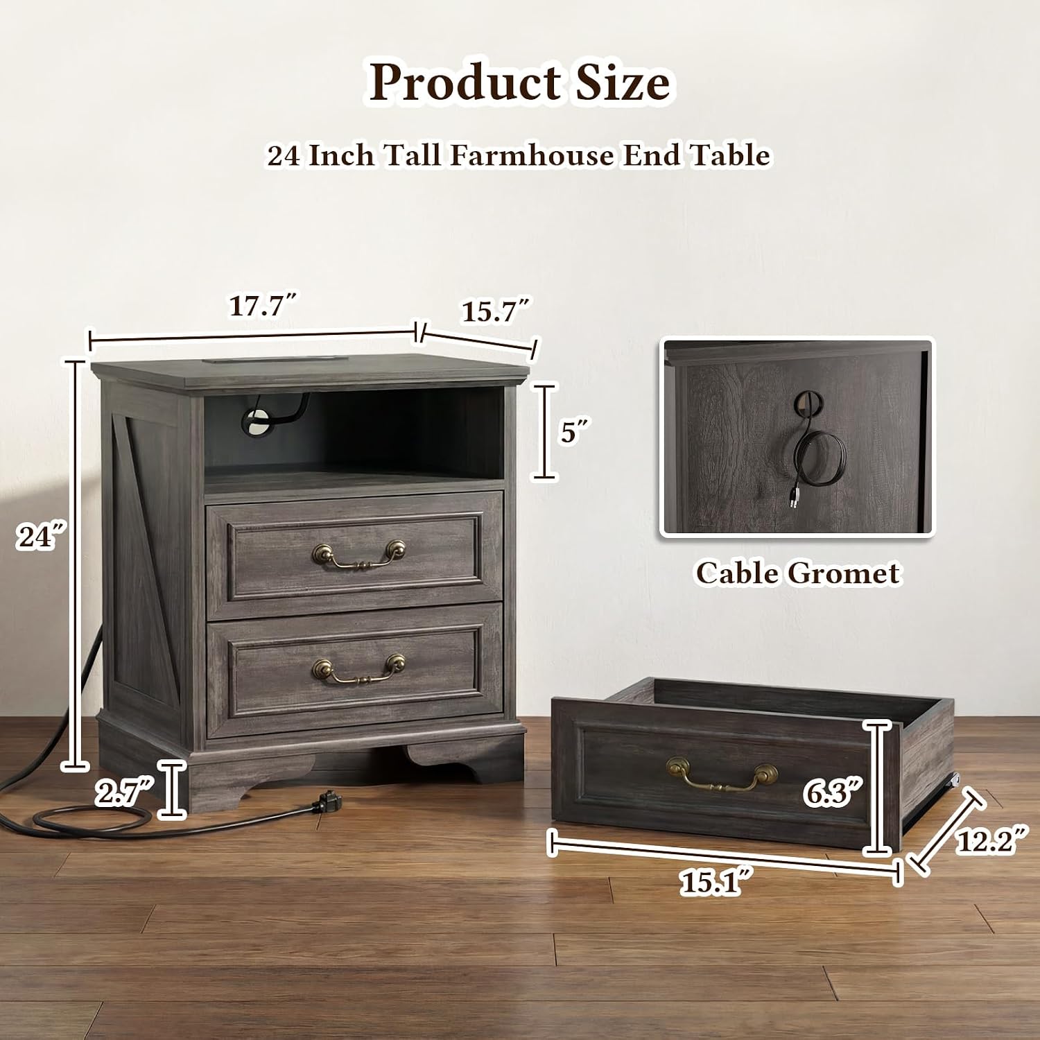 Farmhouse End Table with Charging Station, Rustic Wood Nightstand with 2 Large Drawers & Open Storage, Bedside Table with USB-C Ports for Living Room Bedroom (Gray Oak)