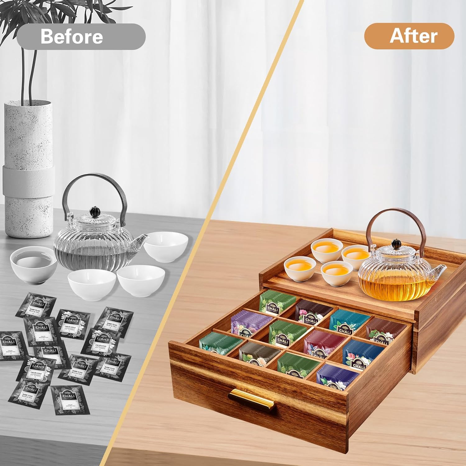 NANXITU Acacia Wood Tea Holder Organizer, Tea Box Organizer Storage Box | Tea Caddy for Tea Bags Organizer Drawer, with12 Compartments Multi-Functional Tea Station Chest for Countertop
