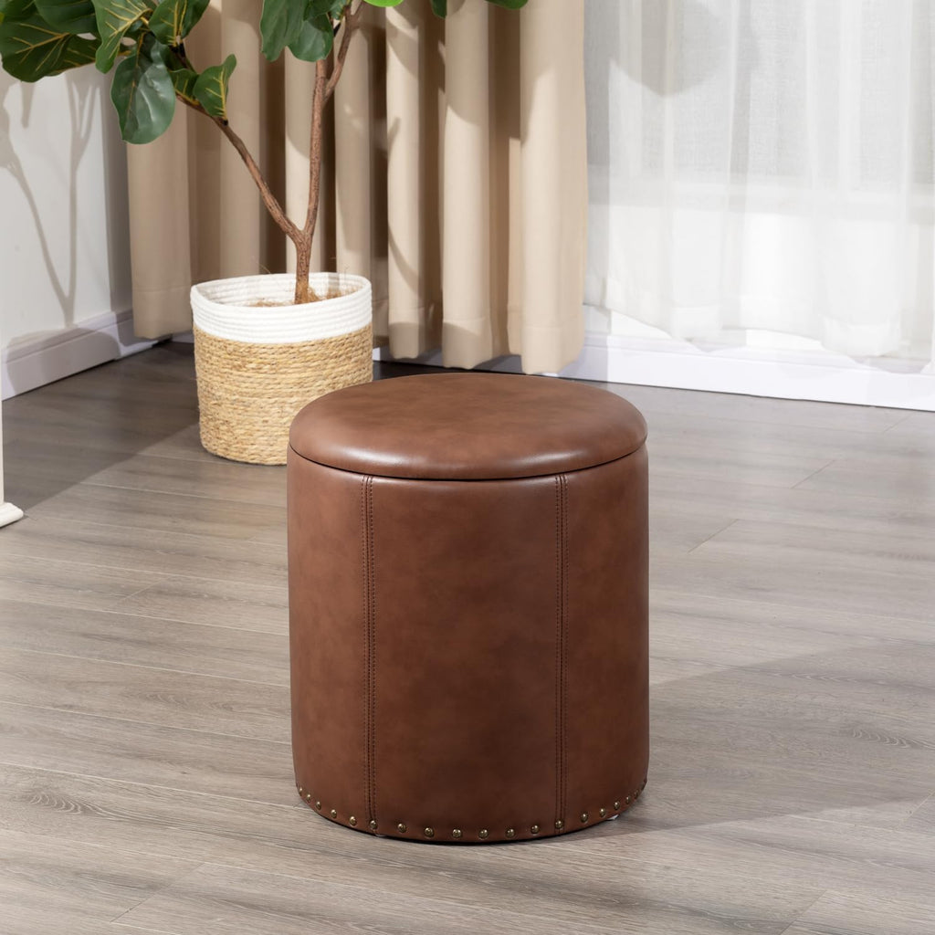Adeco Brown Upholstered Round Faux Leather Storage Ottoman with Tray Lid | Tufted Foot Rest Ottoman for Living Room & Bedroom | Decorative Home Furniture