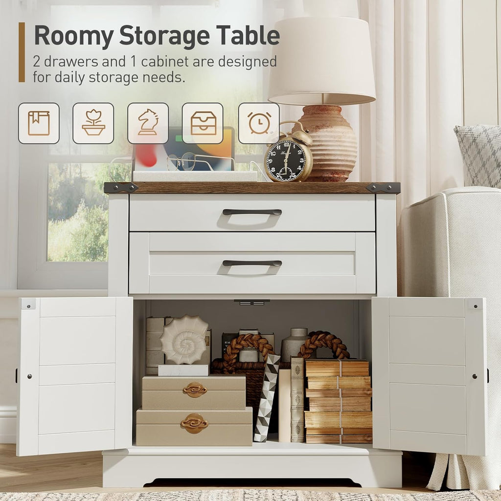 RALGEND Farmhouse End Table Set of 3, with Charging Station, 24'' Sofa Side Table with 2 Drawers and Barn Door, Large Rustic Wooden Square Nightstand for Bedroom, Living Room, White and Walnut