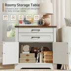 RALGEND Farmhouse End Table Set of 3, with Charging Station, 24'' Sofa Side Table with 2 Drawers and Barn Door, Large Rustic Wooden Square Nightstand for Bedroom, Living Room, White and Walnut