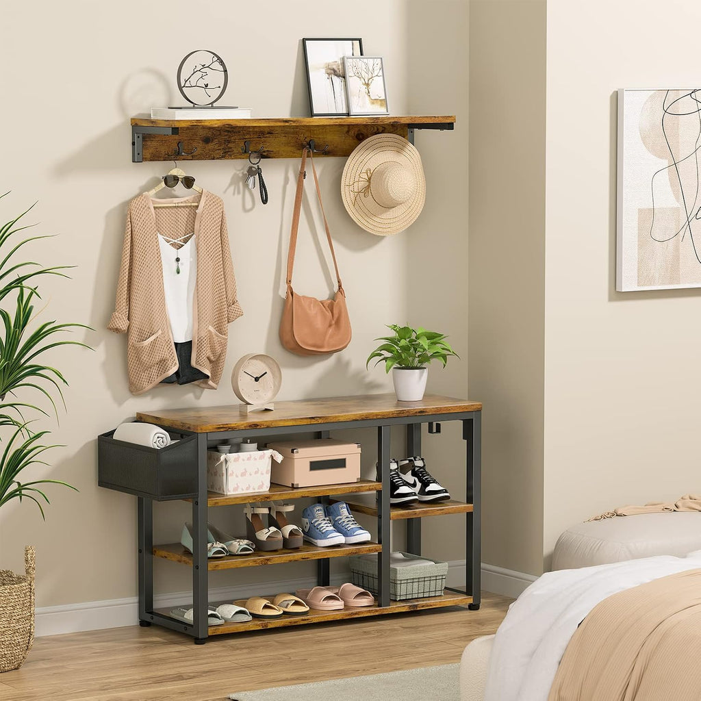 Aiho Entryway Hall Tree Bench with Storage, Industrial Shoe Rack Bench with 4 Hooks, Rustic Brown