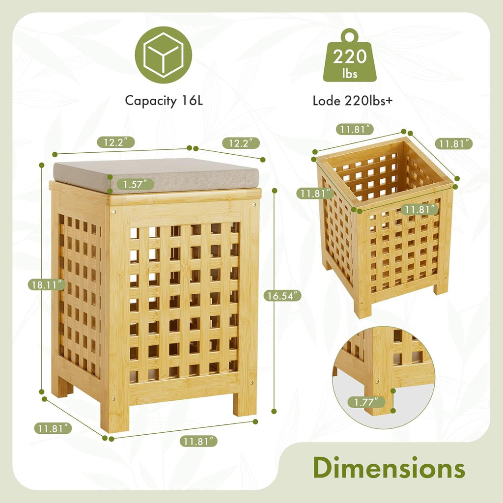 Bamboo End Table with Removable Cushion and Hidden Storage, 2-in-1 Ottoman Side Table with Breathable Grid Design for Small Space, Living Room, Bedroom, Balcony, Entryway