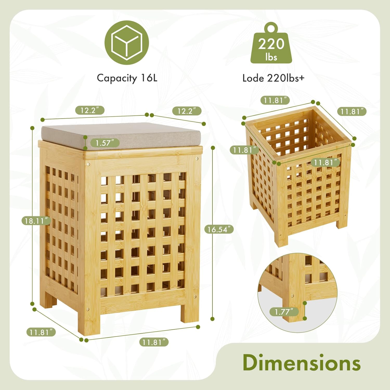 Bamboo End Table with Removable Cushion and Hidden Storage, 2-in-1 Ottoman Side Table with Breathable Grid Design for Small Space, Living Room, Bedroom, Balcony, Entryway