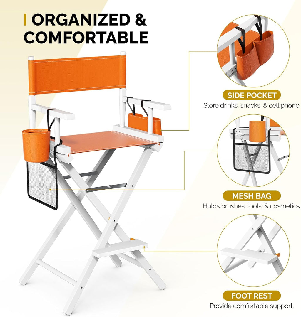 OmySalon Director's Chair 31" Height Folding Portable w/Storage Pouch & Footrest, Makeup Artist Chair for Salon, Events, Mobile, 250lb Capacity, White Wood Frame & Orange Canvas Seat