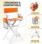 OmySalon Director's Chair 31" Height Folding Portable w/Storage Pouch & Footrest, Makeup Artist Chair for Salon, Events, Mobile, 250lb Capacity, White Wood Frame & Orange Canvas Seat