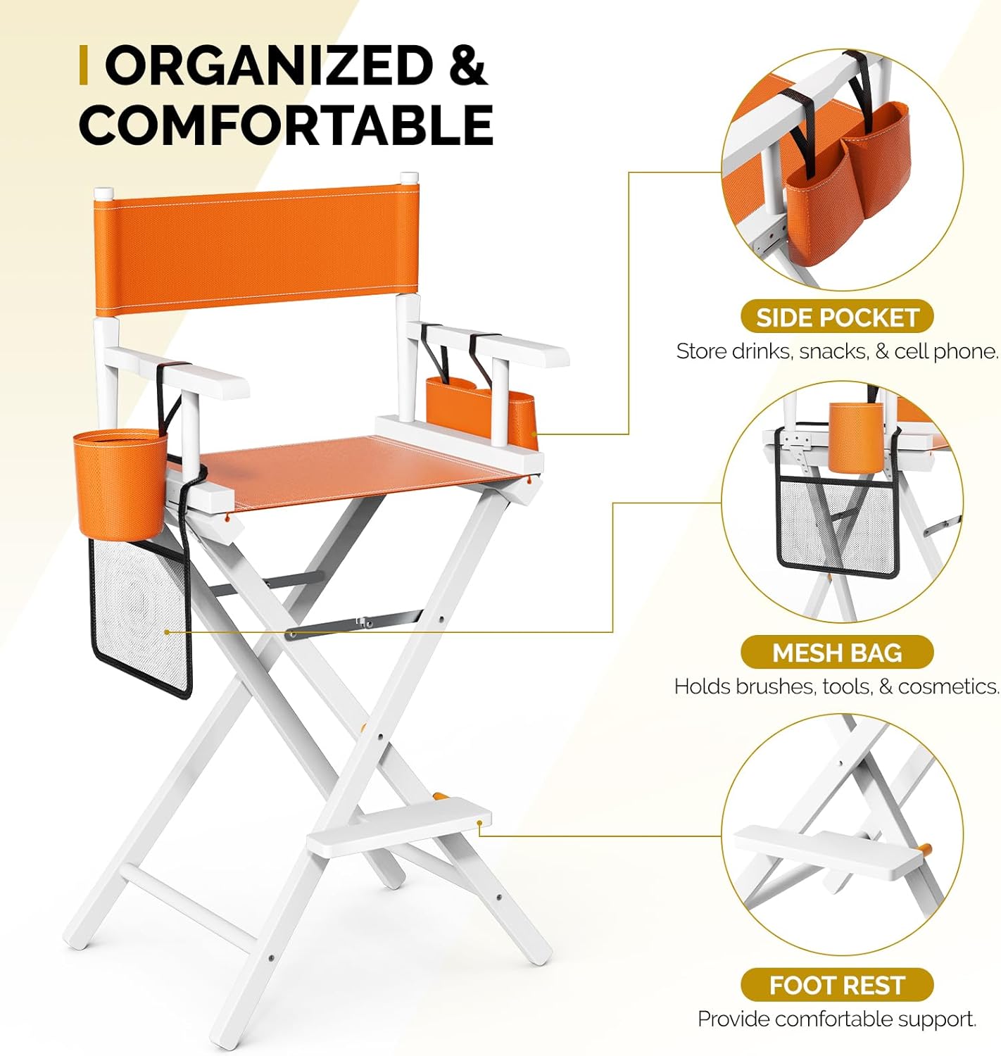 OmySalon Director's Chair 31" Height Folding Portable w/Storage Pouch & Footrest, Makeup Artist Chair for Salon, Events, Mobile, 250lb Capacity, White Wood Frame & Orange Canvas Seat